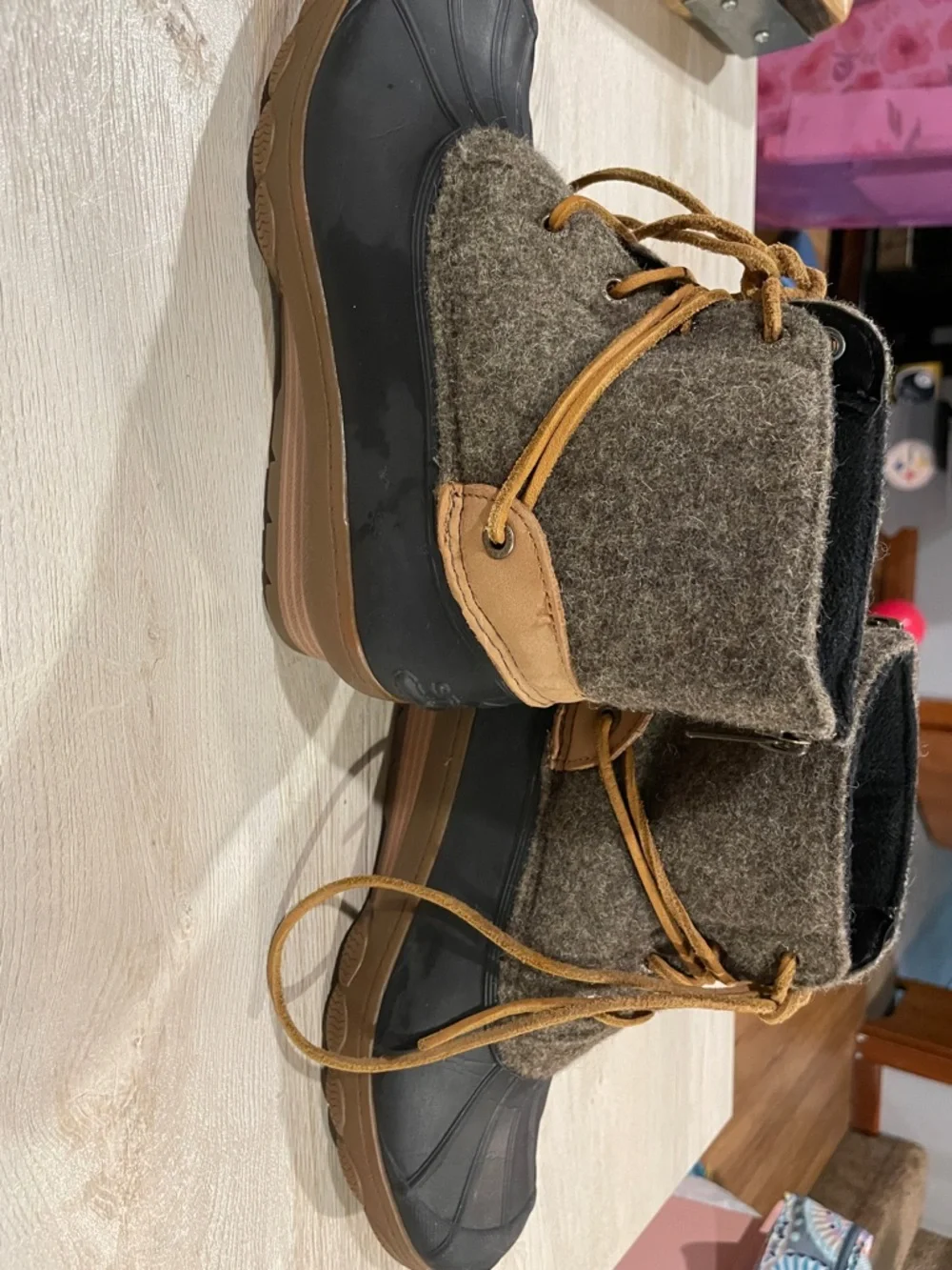 Sperry Brown Wool-Look Duck Boots with Tan Laces